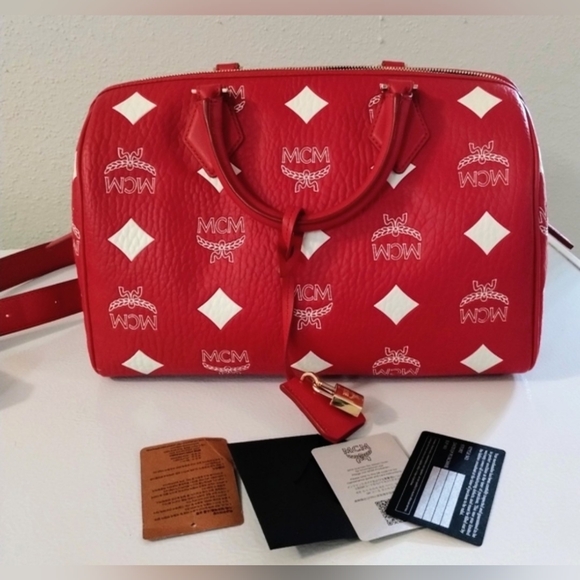 MCM Limited Edition Red And White Visetos Satchel With The Matching Wallet - Picture 4 of 16